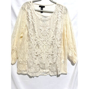 Style & Co Top Womens 3X Plus Cream Lace 3/4 Sleeve Boho Glam Peasant Wedding